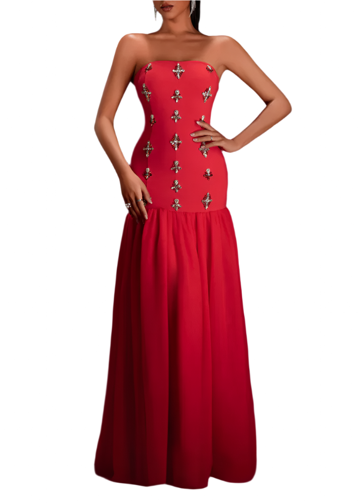CAROL Crystal-Embellished Tulle Red Strapless Gown