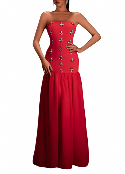 CAROL Crystal-Embellished Tulle Red Strapless Gown