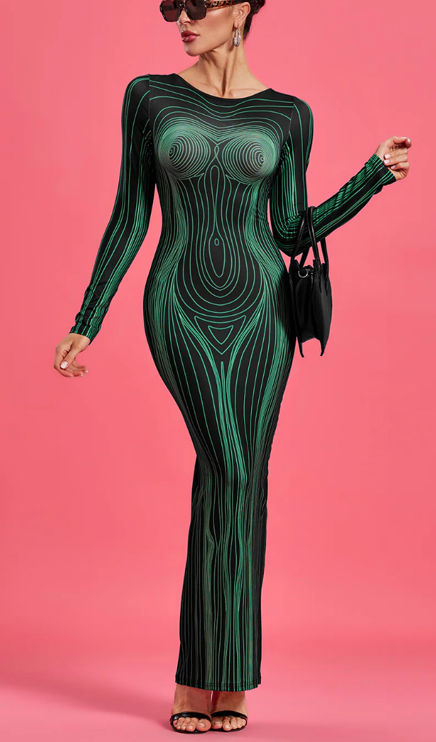 NEXT DAY DELIVERY Green Goddess Printed Maxi Bodycon Dress