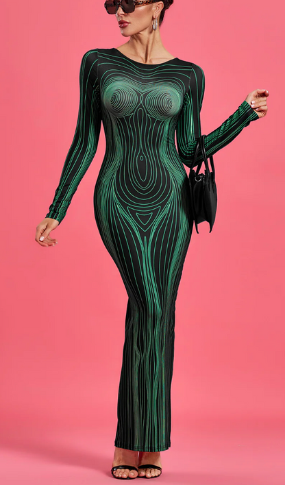 NEXT DAY DELIVERY Green Goddess Printed Maxi Bodycon Dress