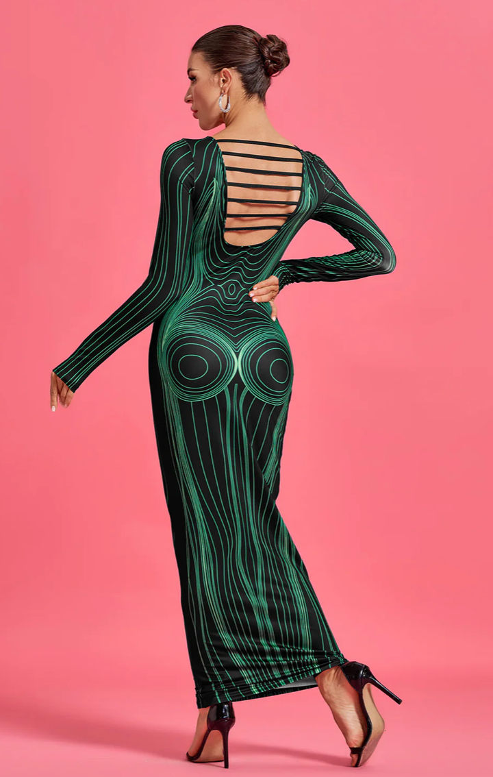 NEXT DAY DELIVERY Green Goddess Printed Maxi Bodycon Dress