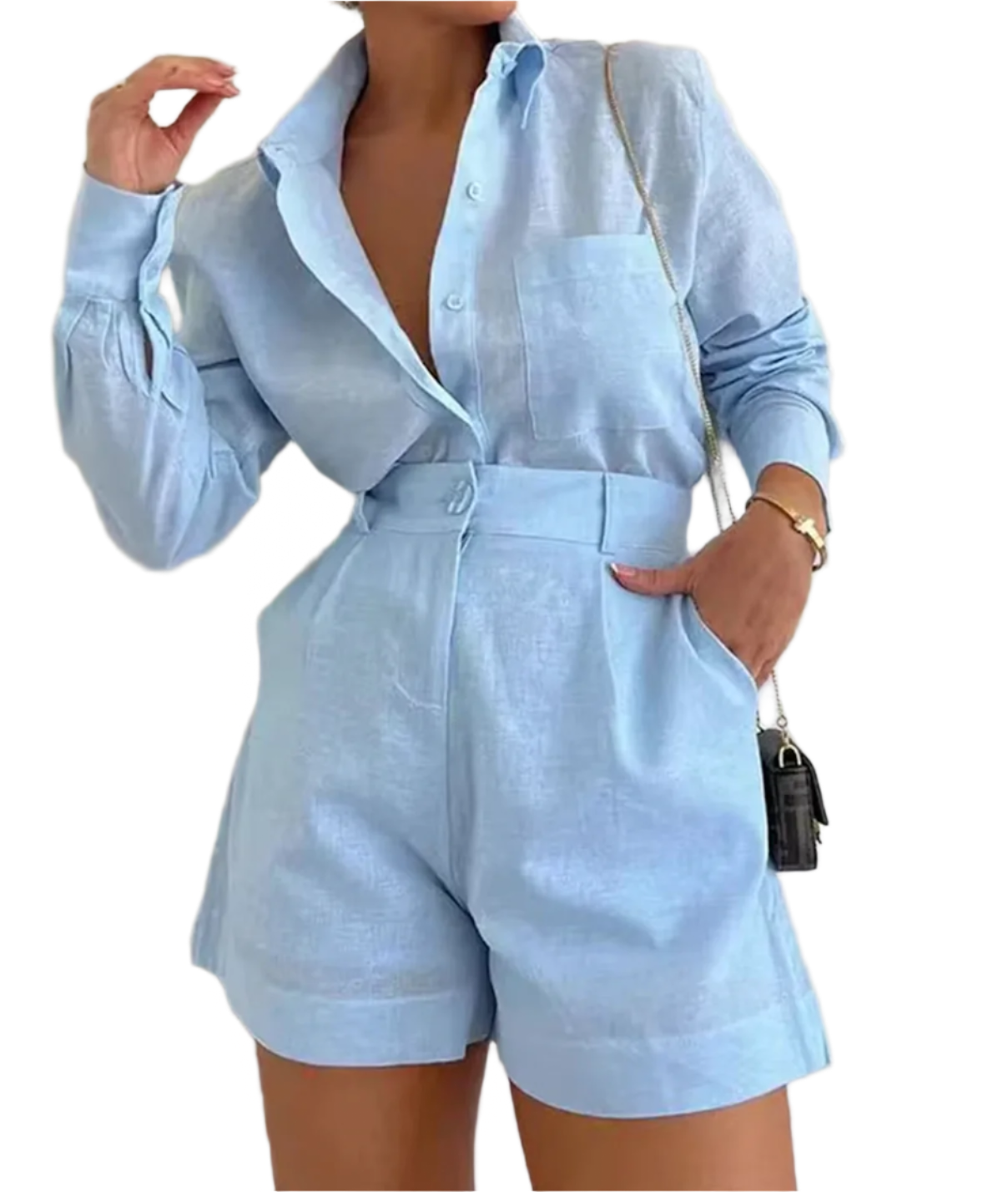 CADIE Long Sleeve Linen Bodycon Set BABY BLUE