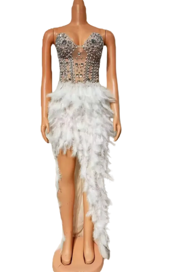 ECLAT Crystal Feather High-Low Maxi Dress