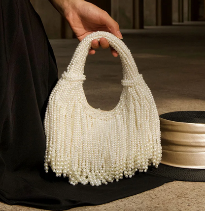 Women Pearl Evening Clutch | Luxury Designer Handbag | Long Tassel Clutch | Pearl Handle