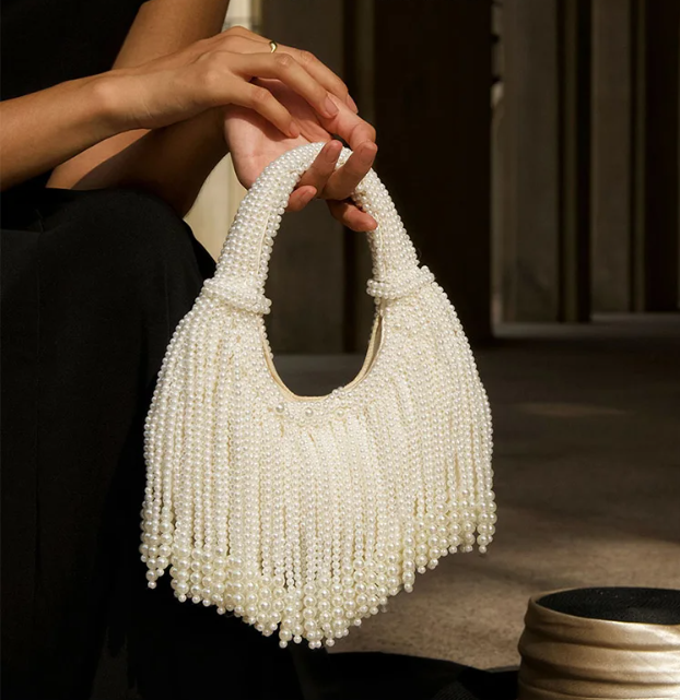 Women Pearl Evening Clutch | Luxury Designer Handbag | Long Tassel Clutch | Pearl Handle