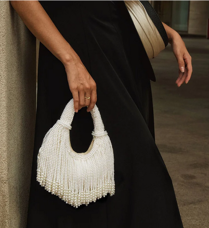 Women Pearl Evening Clutch | Luxury Designer Handbag | Long Tassel Clutch | Pearl Handle