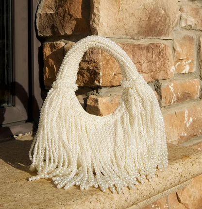 Women Pearl Evening Clutch | Luxury Designer Handbag | Long Tassel Clutch | Pearl Handle