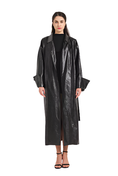 Women Leather Trench Coat With Belt | Extra Long Cherry Red Leather Coat Black