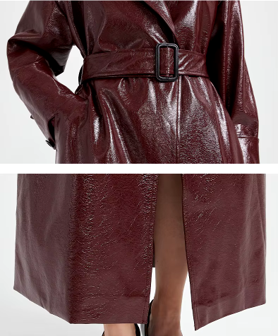 Women Leather Trench Coat With Belt | Extra Long Cherry Red Leather Coat