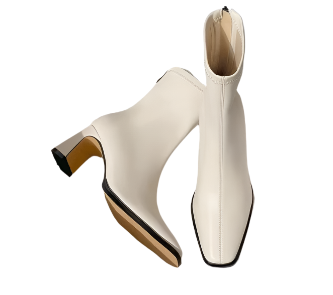 Women Pointed Toe Leather High Heel Boots Beige