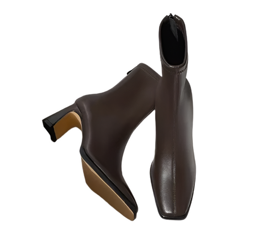 Women Pointed Toe Leather High Heel Boots Brown