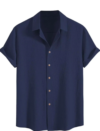 Men Cotton Wrinkle Textured Button Down Shirt | Casual Beach Hawaiian Summer Shirt Navy Blue