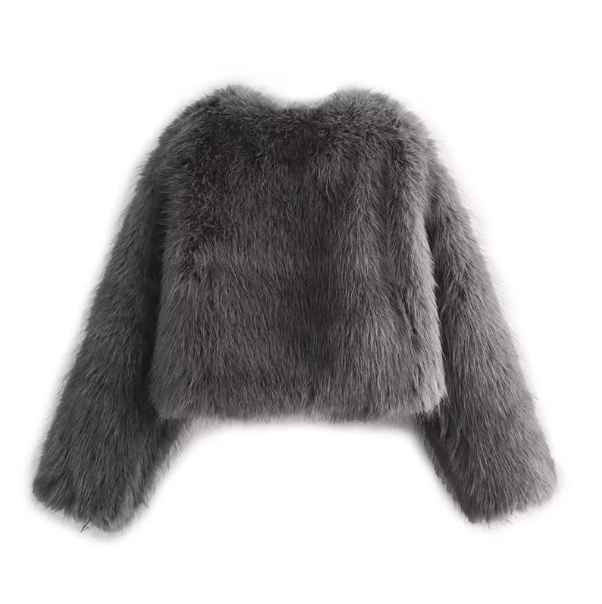 Women Gray Cropped Fur Jacket | Solid Loose Round Neck Fur Coat
