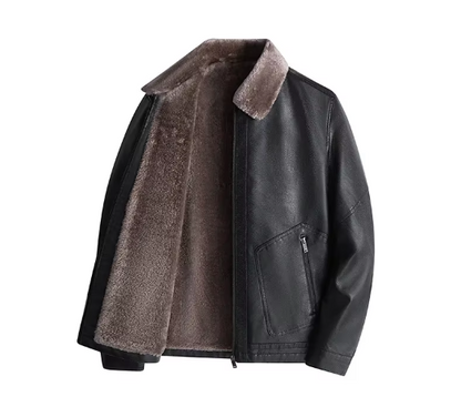 Men Thick Warm Fleece Leather Jacket | Business Casual Biker Coat | Motorcycle Fur Jacket black