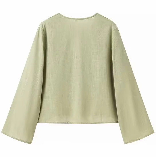 Women V-Neck Lace Up Shirt | Summer Casual Long Sleeve Blouse | Beach Chic Top