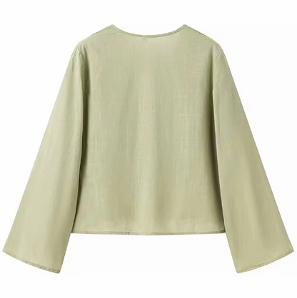 Women V-Neck Lace Up Shirt | Summer Casual Long Sleeve Blouse | Beach Chic Top