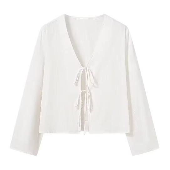 Women V-Neck Lace Up Shirt | Summer Casual Long Sleeve Blouse | Beach Chic Top White