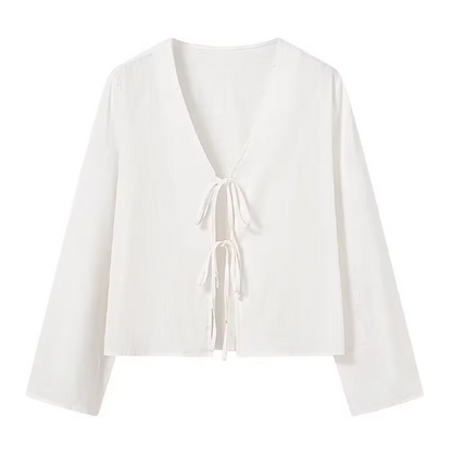 Women V-Neck Lace Up Shirt | Summer Casual Long Sleeve Blouse | Beach Chic Top White