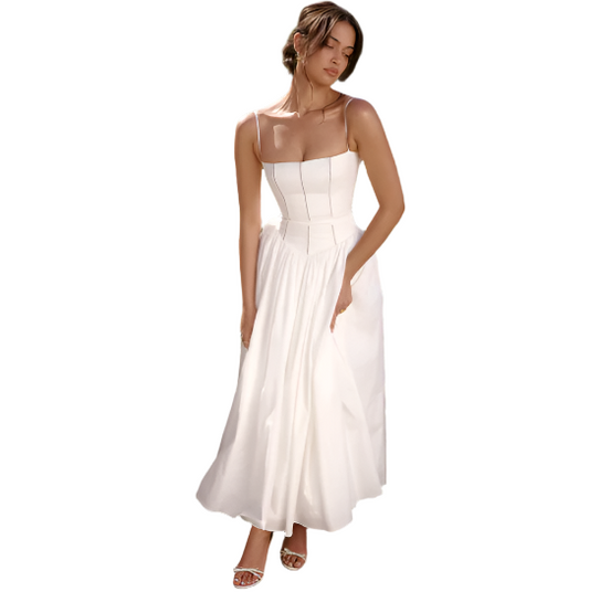 Women White Summer Long Dress | Flare Hollow Out Dress