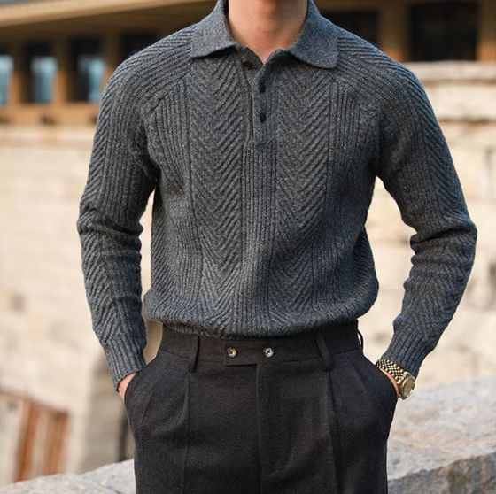 Men Textured Knitted Polo Long Sleeved Sweater | Zipper Jumper Winter Top