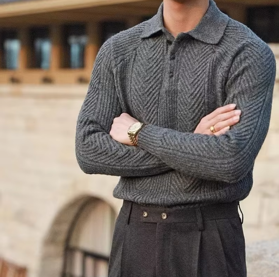Men Textured Knitted Polo Long Sleeved Sweater | Zipper Jumper Winter Top