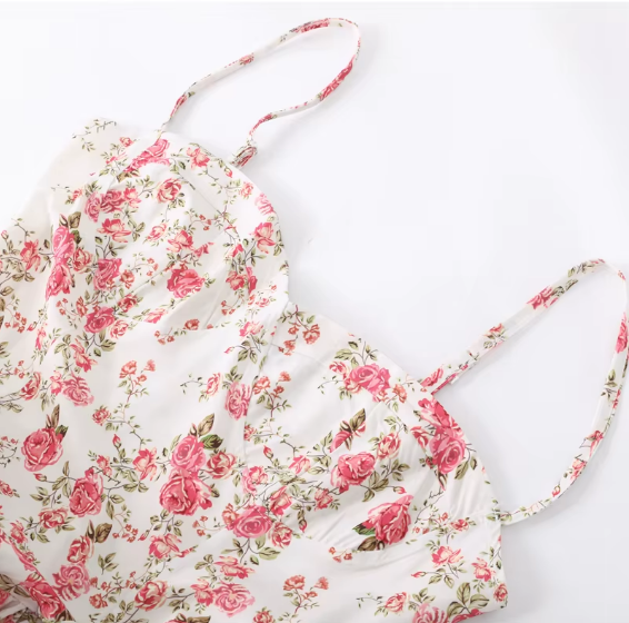 Women Floral Printed Pleated Sling Summer Maxi Dress