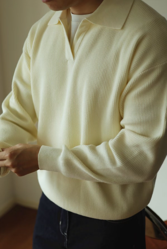 Men Polo Knitted Sweater | Long Sleeve V-Neck Casual Knitwear Apricot