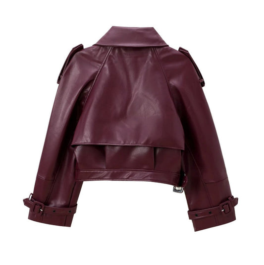 Women Short Burgundy Leather Biker Jacket | Long Sleeve Ladies Locomotive Outerwear