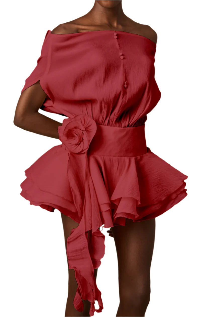 PARI FLORAL-APPLIQUÉ FLOUNCED MINI DRESS RED