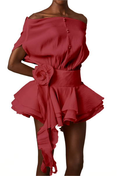 PARI FLORAL-APPLIQUÉ FLOUNCED MINI DRESS RED