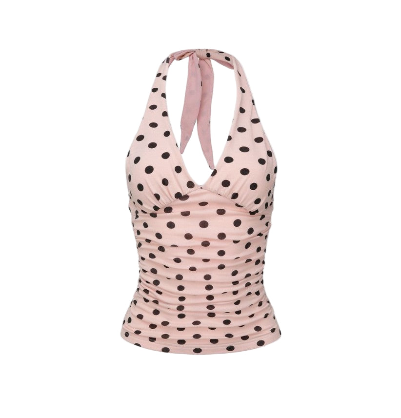 Women Polka Dot Vest | Y2K Lace-Up | Backless | Halter V-Neck | Summer Tank Top Pink
