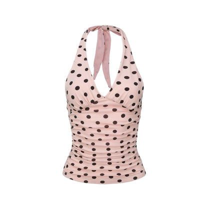 Women Polka Dot Vest | Y2K Lace-Up | Backless | Halter V-Neck | Summer Tank Top Pink