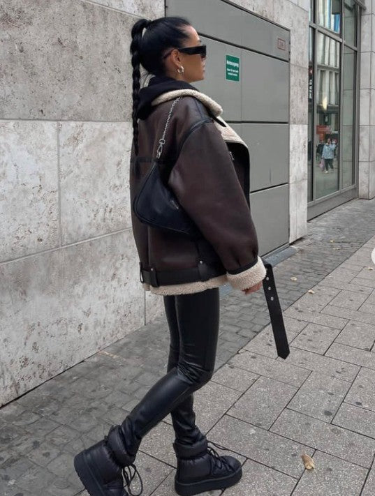 Women Dark Brown Shearling Leather Jacket | Classic Fur Leather Jacket | Long Sleeve Moto Biker Zipper