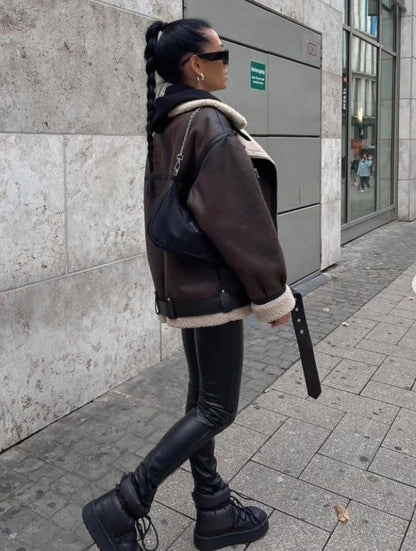 Women Dark Brown Shearling Leather Jacket | Classic Fur Leather Jacket | Long Sleeve Moto Biker Zipper