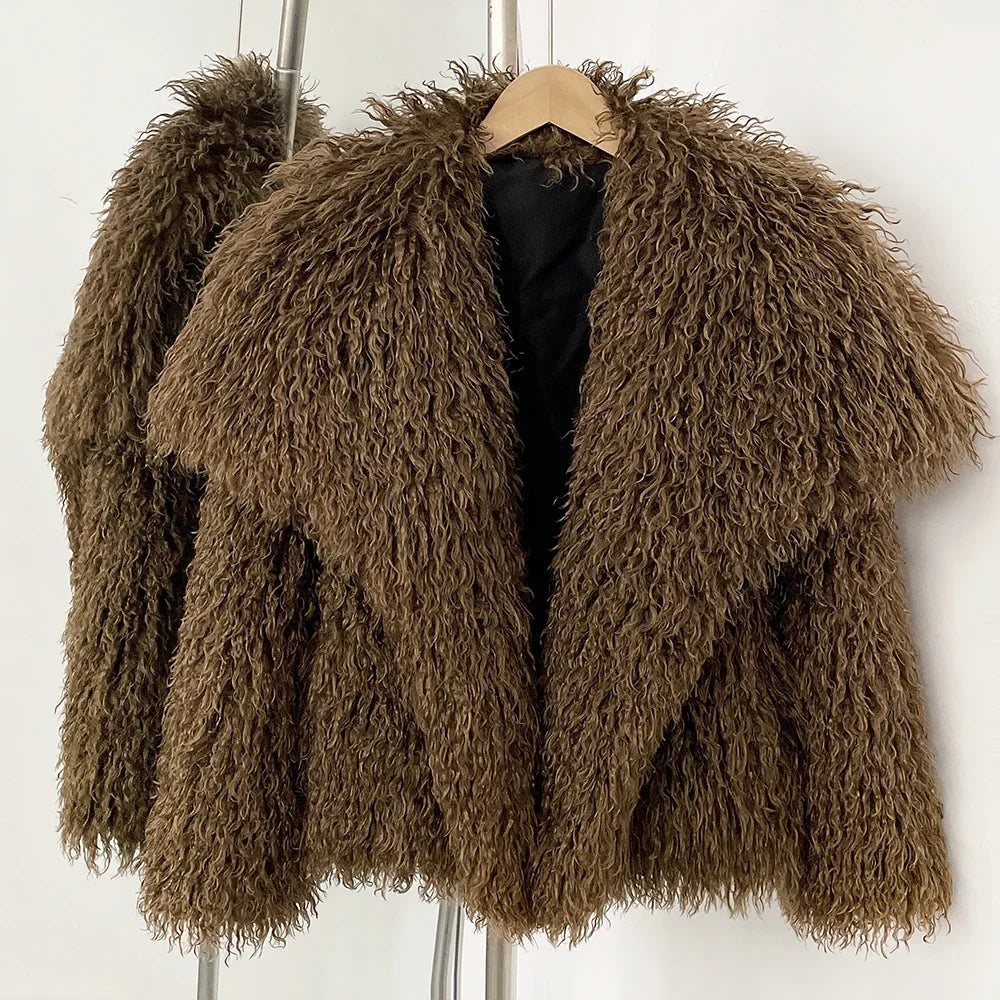 Short Mongolian Fur Coat | Women Luxury Cropped Fur Coat | Warm | Winter Chocolate Brown