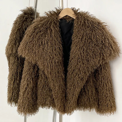 Short Mongolian Fur Coat | Women Luxury Cropped Fur Coat | Warm | Winter Chocolate Brown