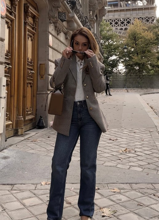 Women Houndstooth Blazer | Vintage Brown Plaid Blazer | Office