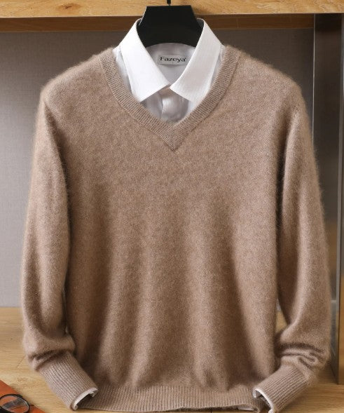 Men Cashmere V-Neck Pullover | Cashmere Knitted Sweater | Mink Winter Long Sleeve Top Camel