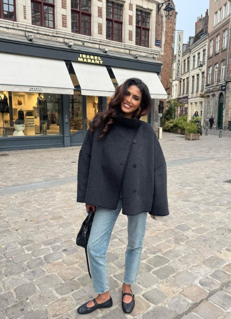 Women Short Jacket | Wide Shoulder | Vintage High Neck | Long Sleeve | Cape Coat