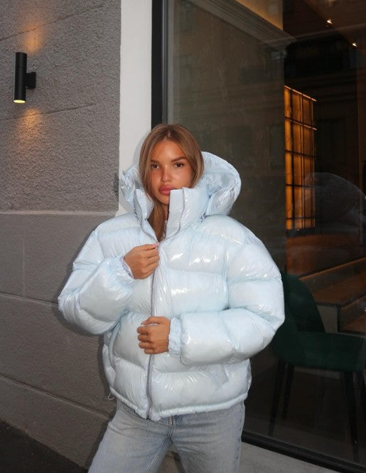 Women Glossy Zipper Hooded Jacket | Windbreaker | Pleated | Short Jacket | Cotton Blue