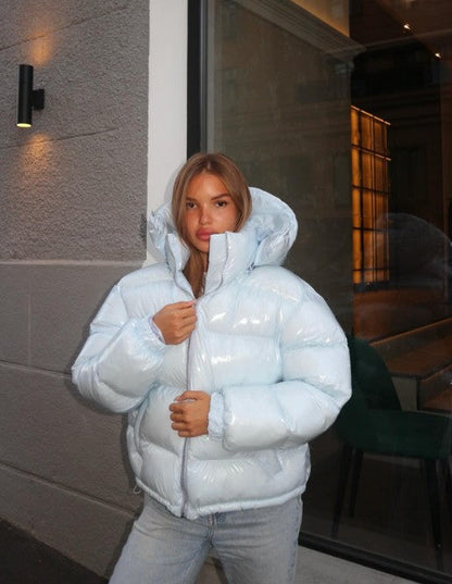 Women Glossy Zipper Hooded Jacket | Windbreaker | Pleated | Short Jacket | Cotton Blue