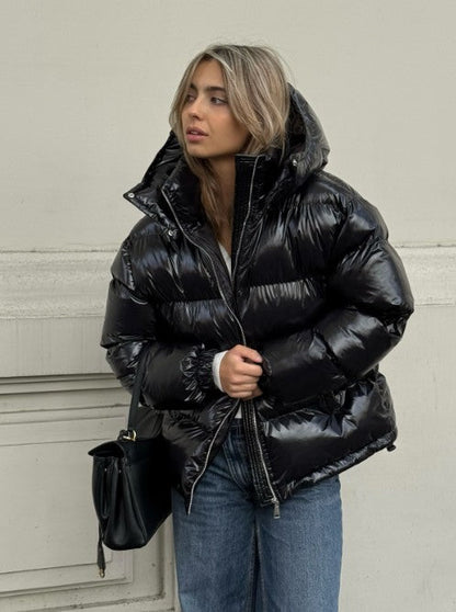 Women Glossy Zipper Hooded Jacket | Windbreaker | Pleated | Short Jacket | Cotton Black