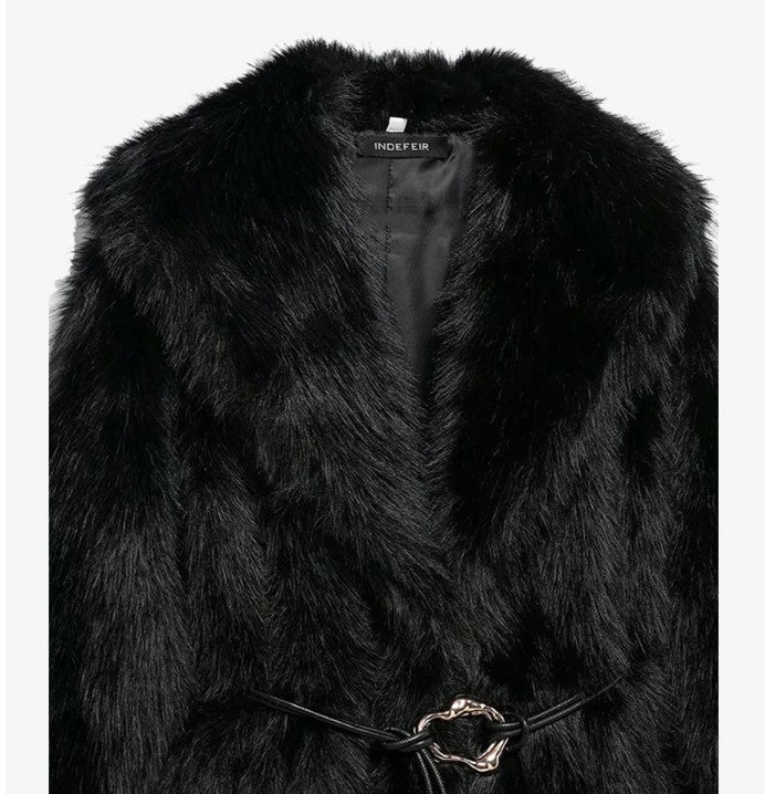 Women Fur Coat with Belt | Medium Long Coat | Long Sleeve | Loose Coat