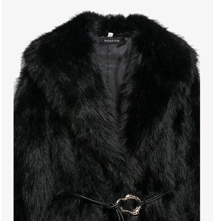 Women Fur Coat with Belt | Medium Long Coat | Long Sleeve | Loose Coat