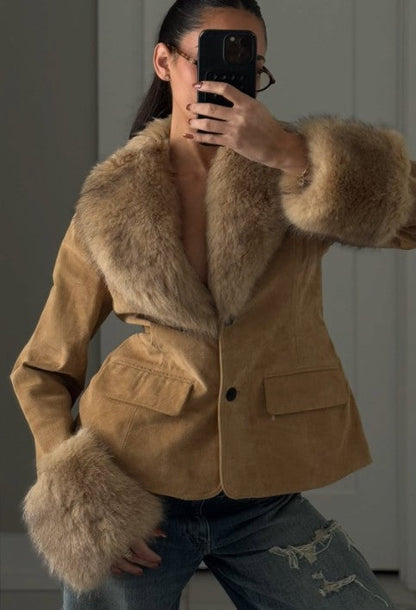 Women Suede Fur Collar Coat | Long Sleeve | V-Neck | Warm | Slim Fit Jacket | Winter | Party | Streetwear