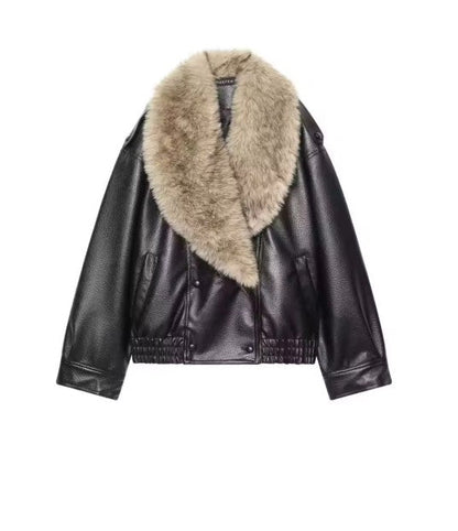 Women Winter Loose Leather Fur Jacket | Big Fur Collar | Casual Coat | Double Breasted Black