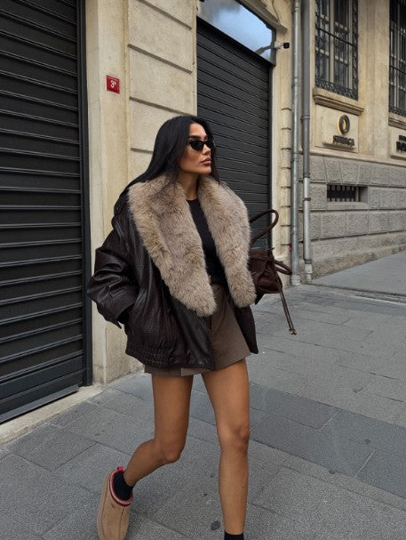 Women Winter Loose Leather Fur Jacket | Big Fur Collar | Casual Coat | Double Breasted