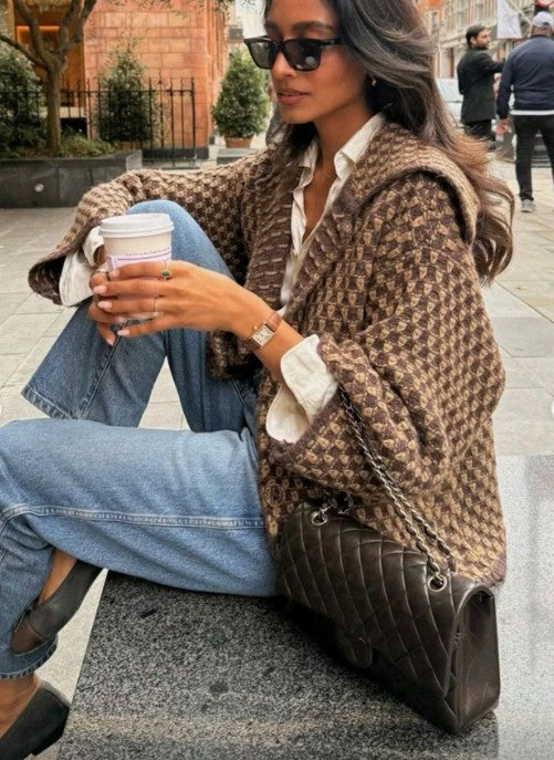 Women Oversized Knitted Jacket | Large Collar | Street Style | Geometric Pattern