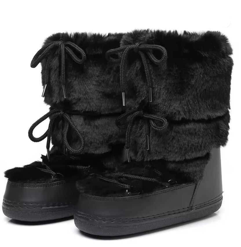Women Winter Snow Boots | Mid-Calf | Lace-Up | Fur Ski Boots | Platform | Waterproof Black