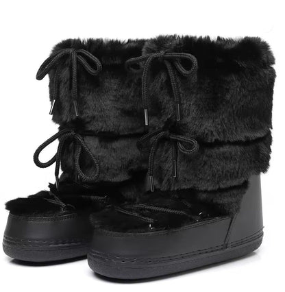 Women Winter Snow Boots | Mid-Calf | Lace-Up | Fur Ski Boots | Platform | Waterproof Black